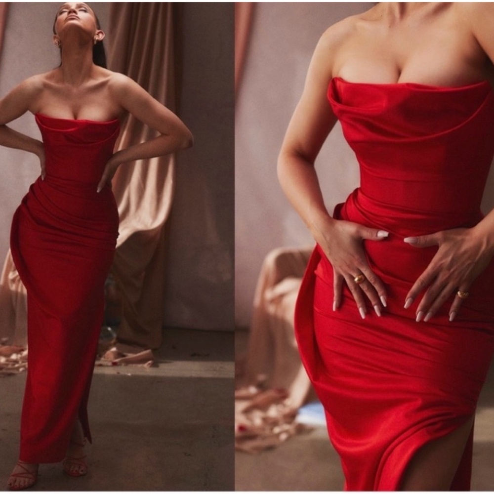 House of CB - ADRIENNE Scarlet Satin Strapless Gown - Small - Picture 10 of 14